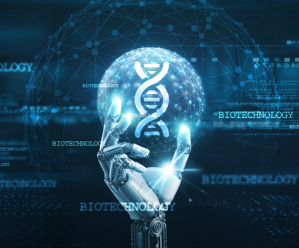 Robotic hand holding glowing DNA globe